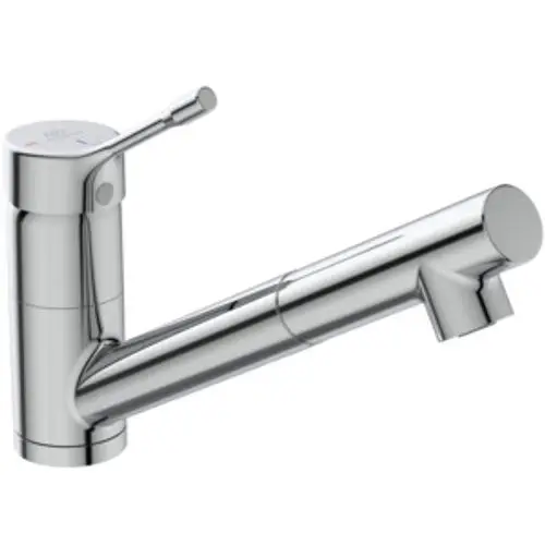 Küchenarmatur aus verchromtem Material von Ideal Standard mit einem schlanken, geraden Auslauf und einem seitlichen Hebel zur Steuerung des Wasserflusses.